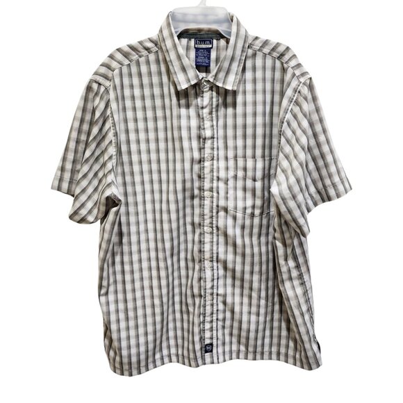 B.U.M. Equipment Mens XL Short Sleeve Button Up Shirt Gray Beige Plaid Polyester - Picture 1 of 9